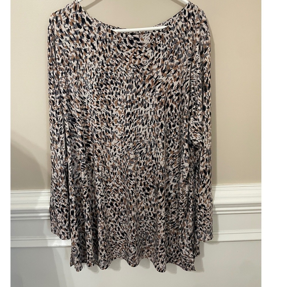 Susan Graver Size 3X Liquid Knit Brushstroke Print Long Sleeve Tunic Top Neutral